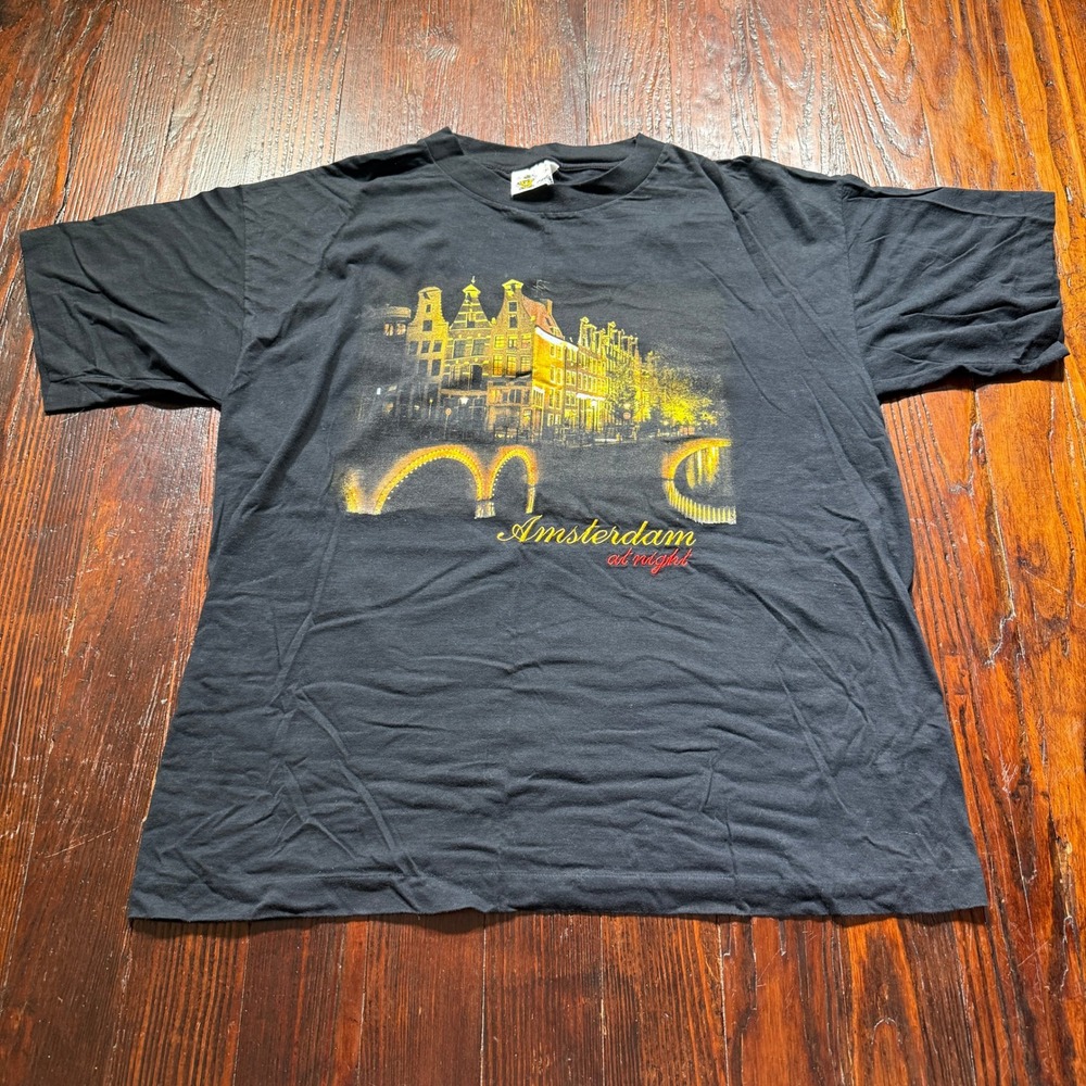 Vintage‎ 90s Amsterdam At Night Shirt Mens XL Black Souvenir Tee Single Stitch